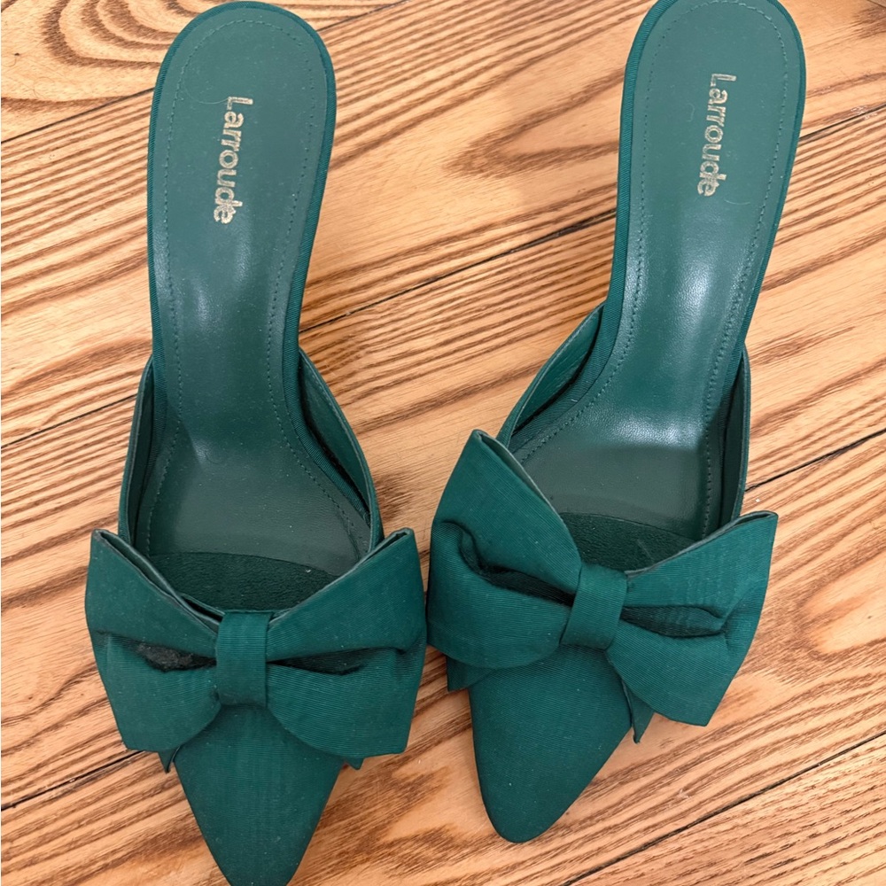 Larroude Teal Bow Pointed-Toe Mules